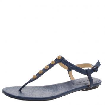 Pre Owned Balenciaga Blue Studded Leather Arena Thong Sandals Size 39.5