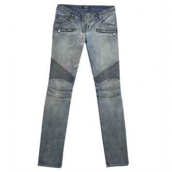 Pre Owned Balmain Grey Washed Denim Pintucked Panel Zip Detail Skinny Jeans S