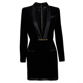 Pre Owned Balmain Black Velvet Blazer Style Plunge Neck Dress M