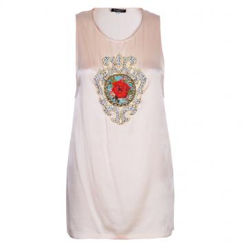 Pre Owned Balmain Pink Motif Embellished Sleeveless Silk Top S