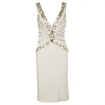 Pre Owned Blumarine Beige Silk Knit Swarovski Embellished Sleeveless Dress M