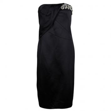 Pre Owned Boss By Hugo Boss Black Pearl Embellished Strapless Dress M