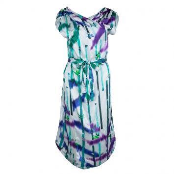 Pre Owned Boss by Hugo Boss White Silk Multicolor Printed Front Crossover Dress M