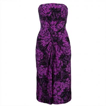 Pre Owned Bottega Veneta Purple Chrysanthemum Print Silk Bandeau Dress S