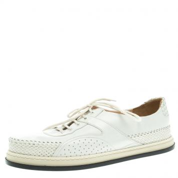 Pre Owned Bottega Veneta White Woven Leather Lace Up Sneakers Size 40