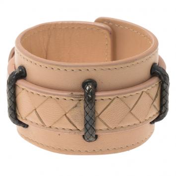 Pre Owned Bottega Veneta Intrecciato Cream Leather Cuff Bracelet S