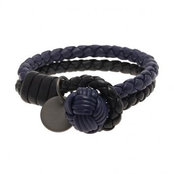 Pre Owned Bottega Veneta Intrecciato Nappa Two-tone Woven Double Strand Leather Bracelet 15cm