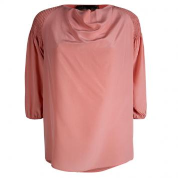 Pre Owned Bottega Veneta Coral Pink Silk Smocking Detail Top S