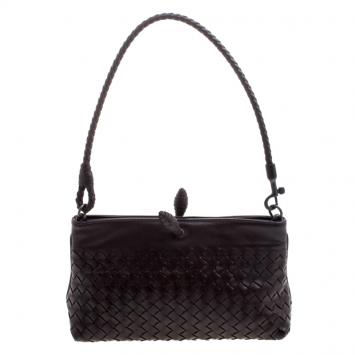 Pre Owned Bottega Veneta Dark Brown Intrecciato Woven Leather Frame Pochette