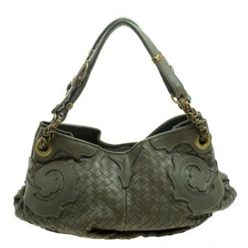 Pre Owned Bottega Veneta Green Intrecciato Leather Applique Shoulder Bag