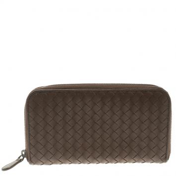 Pre Owned Bottega Veneta Brown Intrecciato Nappa Leather Zip Wallet