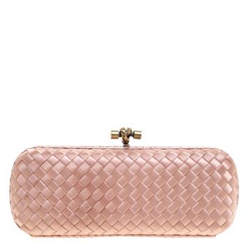 Pre Owned Bottega Veneta Beige Intrecciato Satin and Python Trim Knot Clutch