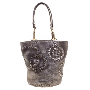 Pre Owned Bottega Veneta Metallic Silver Intrecciato Detail Cervo Leather Bucket Bag