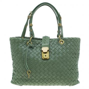 Pre Owned Bottega Veneta Olive Green Leather Woven Small Capri Tote Bag