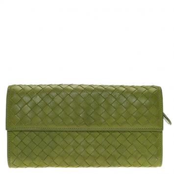 Pre Owned Bottega Veneta Green Intrecciato Leather Continental Wallet