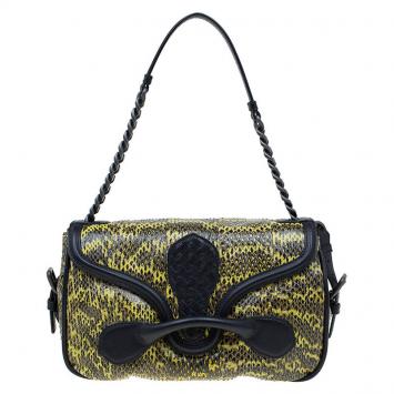 Pre Owned Bottega Veneta Black and Yellow Snake Print Elaphe Rialto Shoulder Bag