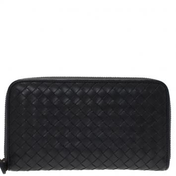 Pre Owned Bottega Veneta Black Intrecciato Nappa Leather Zip Wallet