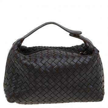 Pre Owned Bottega Veneta Dark Brown Intrecciato Woven Nappa Leather Make Up Bag
