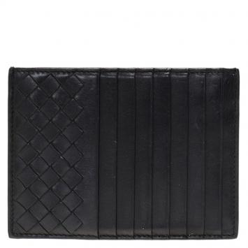 Pre Owned Bottega Veneta Black Intrecciato Leather Card Holder