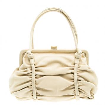 Pre Owned Bottega Veneta Cream Leather Ruched Bag
