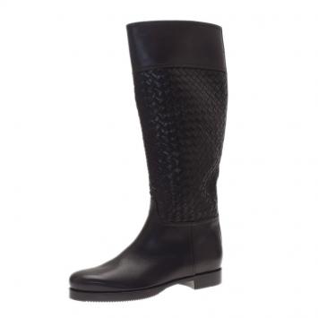 Pre Owned Bottega Veneta Brown Intrecciato Leather Boots Size 37