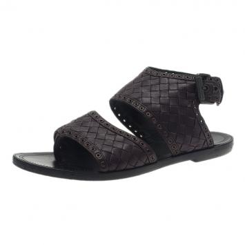 Pre Owned Bottega Veneta Brown Intrecciato Leather Buckle Sandals Size 36.5 