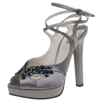 Pre Owned Bottega Veneta Grey Embellished Satin Ankle Strap Platform Sandals Size 40