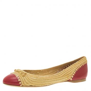Pre Owned Bottega Veneta Two-Tone Leather and Raffia Ballet Flats Size 36