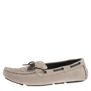 Pre Owned Bottega Veneta Beige Intrecciato Suede Bow Loafers Size 39