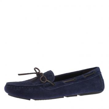 Pre Owned Bottega Veneta Blue Intrecciato Suede Bow Loafers Size 39