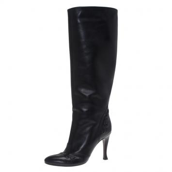 Pre Owned Bottege Veneta Black Embossed Leather Knee Boots Size 36.5