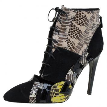 Pre Owned Bottega Veneta Black Suede and Python Lace Up Ankle Boots Size 38