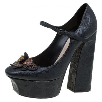 Pre Owned Bottega Veneta Limited Edition Butterfly Embossed Leather Mary Jane Platform Pumps Size 41
