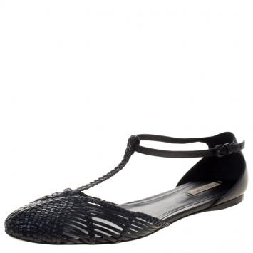 Pre Owned Bottega Veneta Black Woven Leather T Strap Ballerina Flats Size 39