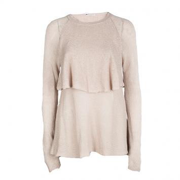 Pre Owned Brunello Cucinelli Beige Sequinned Knit Layered Long Sleeve Sweater L