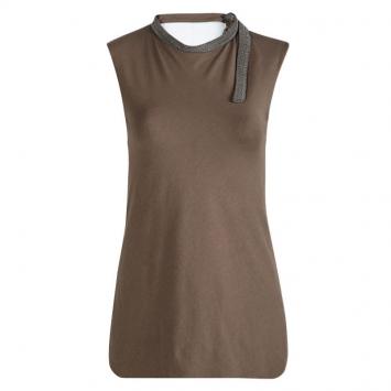 Pre Owned Brunello Cucinelli Brown Jersey Embellished Neck Detail Sleeveless Top S