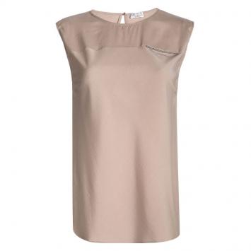 Pre Owned Brunello Cucinelli Beige Silk Bead Detail Sleeveless Top L