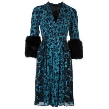 Pre Owned Burberry Prorsum Teal Printed Fur Trimmed Dress M