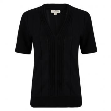 Pre Owned Burberry London Black Knit Pintuck Detail Short Sleeve Top L