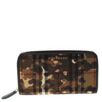 Pre Owned Burberry Camouflage Print Horseferry Check Nylon Elmore Zip Around Wallet