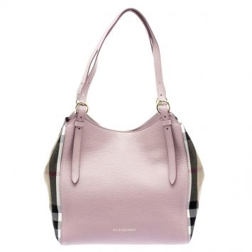 Pre Owned Burberry Pale Orchid House Check Derby Leather Small Canterbury Tote