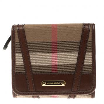 Pre Owned Burberry Brown Bridle House Check Fabric Medium Leighton Wallet