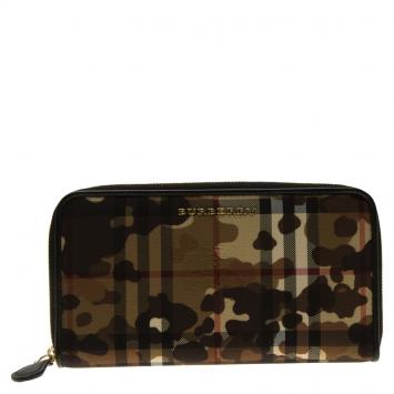 Pre Owned Burberry Camouflage Print Horseferry Check Canvas Elmore Zip Around Wallet
