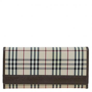 Pre Owned Burberry Beige/Brown House Check Canvas Continental Wallet