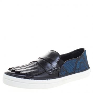Pre Owned Burberry Black Fringe Leather and Printed Canvas Gauden Slip On Sneakers Size 39