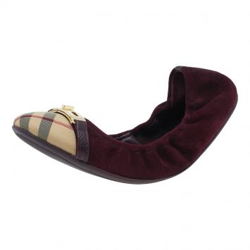 Pre Owned Burberry Burgundy Suede Twistlock Drayton and Novacheck Captoe Ballet Flats Size 39.5