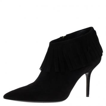 Pre Owned Burberry Black Suede Fringe Ankle Boots Size 40