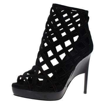 Pre Owned Burberry Prorsum Black Suede Edenside Cage Wedge Ankle Boots Size 37