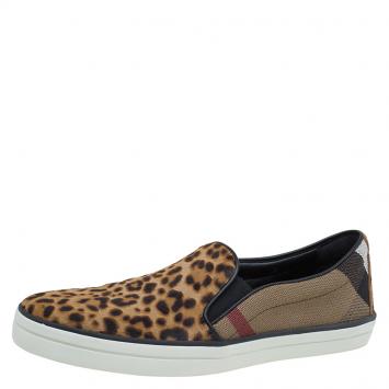 Pre Owned Burberry Beige Novecheck Canvas and Leopard Print Calf Hair Gauden Slip On Sneakers Size 40