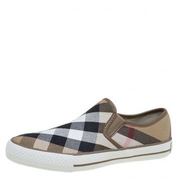 Pre Owned Burberry Beige Novacheck Canvas Slip On Sneakers Size 38